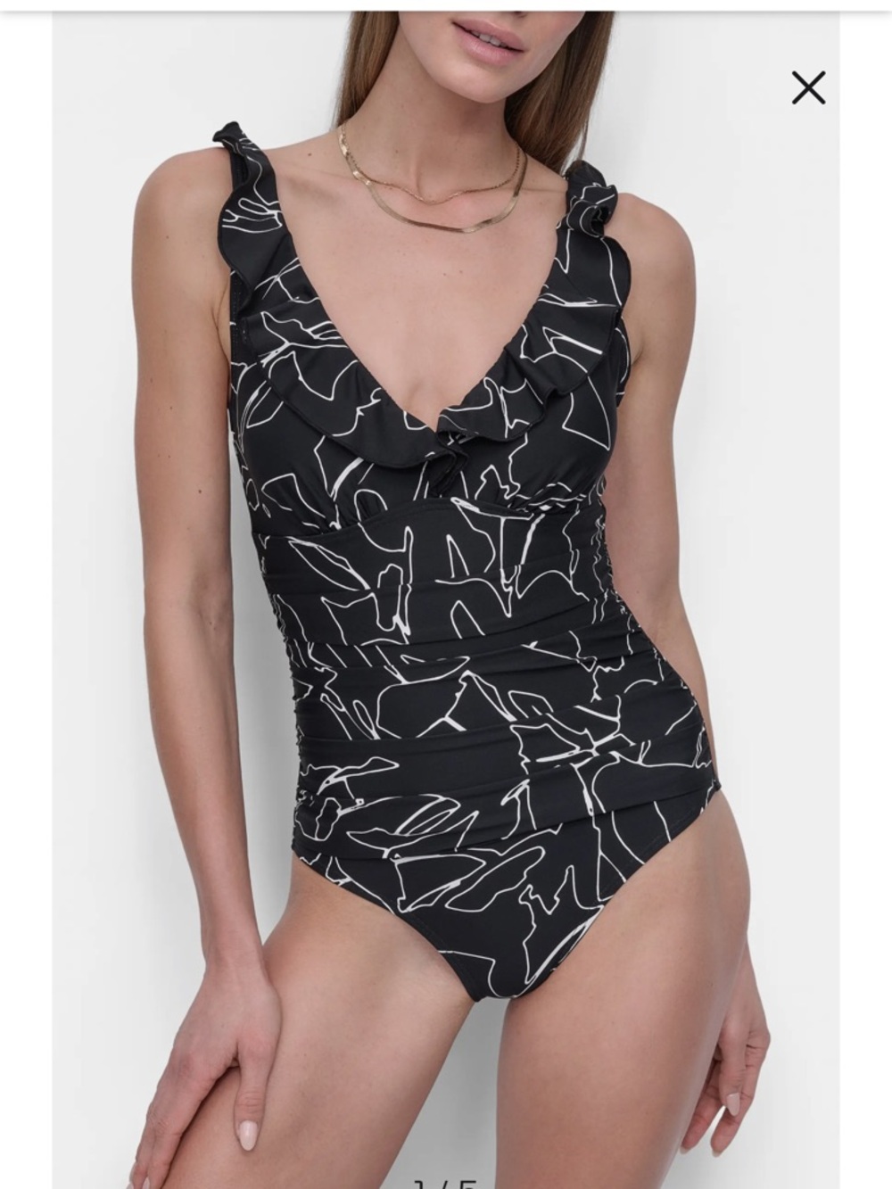 DKNY Ruffle Plunge Neck One Piece Swimsuit - Picture 1 of 16